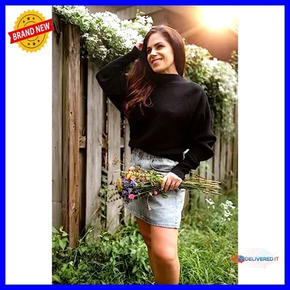 Ribbed Knit Turtleneck Pullover Batwing Sleeves Oversized Casual Soft Sweater - Picture 5 of 7